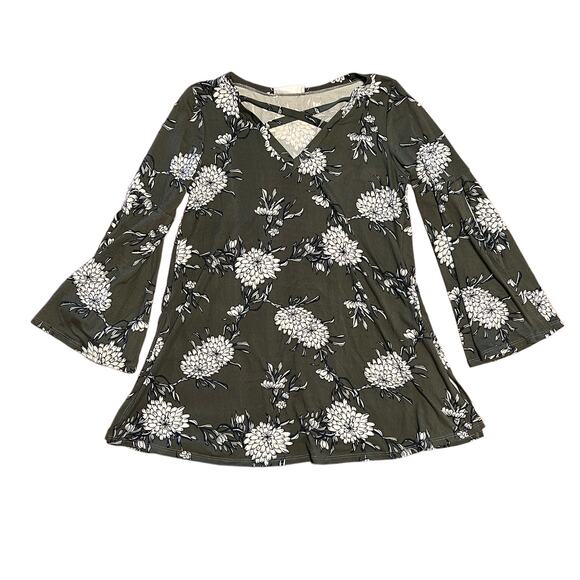 Ces Femme Gray Floral Tunic Top Crisscross Front Size XS Stretch Bohemian - Picture 6 of 9